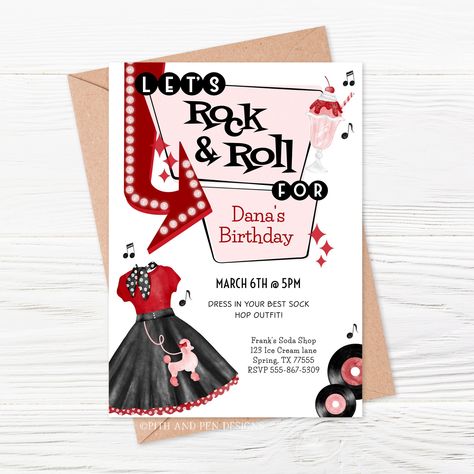 Retro 50 Retro Party Decor, Lisa Birthday, 50s Theme Parties, 50th Birthday Party Invitations, Sock Hop, Pen Design, Label Paper, 50th Birthday Party, Invitation Printable