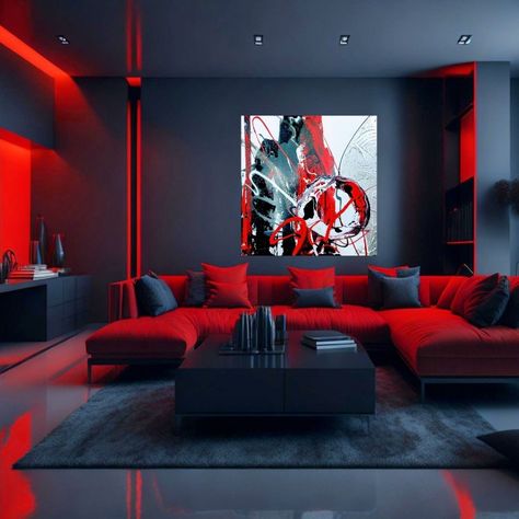 Red Black Room Aesthetic, Red Black Living Room, Gaming Room Setup Red And Black, Red And Black Room Wallpaper, Black Room Red Lights, Black And Red Room Aesthetic Luxury, Black And Red Living Room, Red Living, Bedroom Redesign