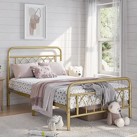 Twin Bed Frames Aesthetic, Bedroom With Gold Bed Frame, Gold Metal Twin Bed, Gold Iron Bed Frame, Gold Twin Bed, Gold Metal Bed Frame, Short Headboard, Boho Bed Frame, Gold Bed Frame