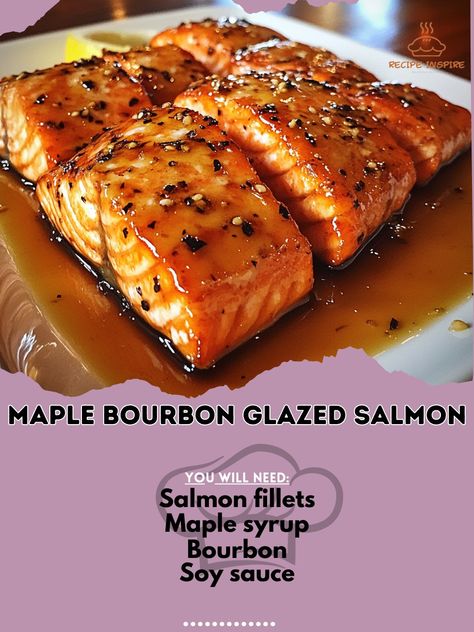 🥃🐟 Elevate your dinner with Maple Bourbon Glazed Salmon! A flavorful dish that’s both healthy and delicious! #SalmonRecipe Maple Bourbon Glazed Salmon Ingredients: Salmon fillets (4, skinless) Maple syrup (1/2 cup) Bourbon (1/4 cup) Soy sauce (2 tbsp) Garlic (2 cloves, minced) Olive oil (1 tbsp) Black pepper (1/2 tsp) Instructions: In a bowl, whisk together maple syrup, bourbon, soy sauce, garlic, and black pepper. Marinate salmon fillets in the mixture for at least 30 minutes. Preheat ov... Maple Bourbon Salmon, Marinate Salmon, Maple Salmon Recipes, Maple Syrup Salmon, Bourbon Salmon, Maple Bourbon Glaze, Bourbon Glazed Salmon, Bourbon Maple Syrup, Maple Salmon