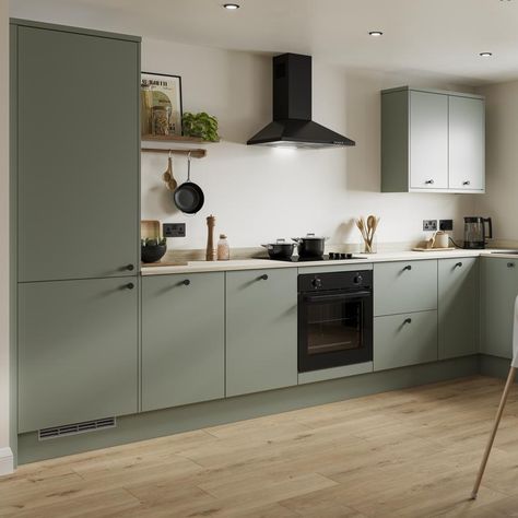 Black Kitchen Handles, Howdens Kitchens, Sage Kitchen, House Extension Plans, Fitted Kitchens, Sage Green Kitchen, Kitchen Cupboard Handles, Kitchen Layout Plans, Kitchen Cupboard Doors