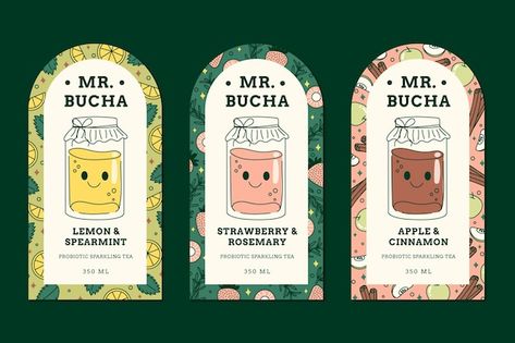 Kombucha Design Packaging, Kombucha Label Design, Bottle Stickers Label, Packaging Bottle Design, Sticker Label Design, Label Minuman, Food Label Design, Kombucha Packaging, Kombucha Labels