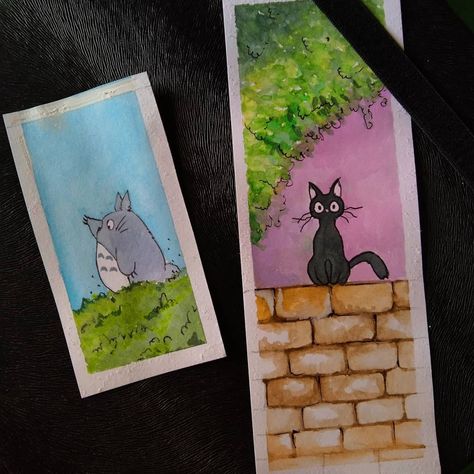 Watercolor Bookmarks Ideas Aesthetic, Bookmark Watercolor Ideas, Ghibli Watercolor Art, Studio Ghibli Bookmark, Starbucks Nametags Art, Ghibli Bookmark, Ghibli Watercolor, Ghibli Aesthetic, Handmade Bookmarks Diy