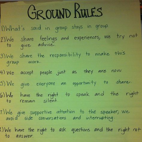 Ground rules for social group Ground Rules For Group Therapy, Group Counseling Rules, Family Therapy Ground Rules, Group Rules For Adults, Rules For Group Therapy, Ground Rules For Classroom, Intensive Outpatient Group Ideas, Peer Support Group Ideas, Group Counseling Activities