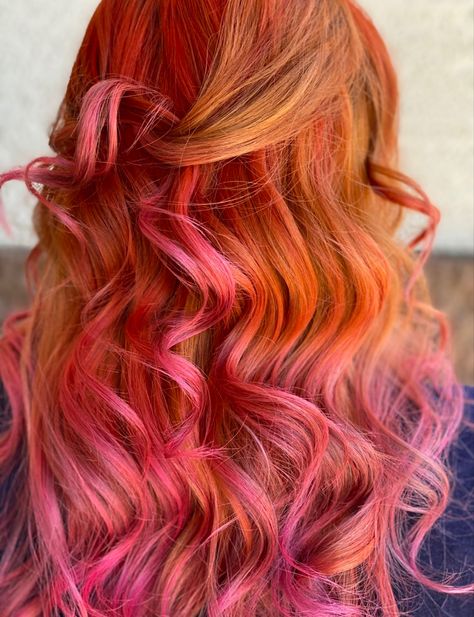 Orange And Pink Highlights, Ginger With Pink Highlights, Natural Red Hair With Pink, Orange Hair Dye Ideas, Ginger Hair With Pink, Ginger And Purple Hair, Ginger Hair With Pink Highlights, Pink And Ginger Hair, Copper And Pink Hair