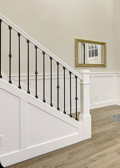 Balcony Railing Design White, Farmhouse Black Staircase, Craftsman Banisters And Railings, Staircase With Black Spindles, Rod Iron Stair Railing, Stair Railing Black, Baluster Design, Modern Farmhouse Staircase, Stair Railing Ideas