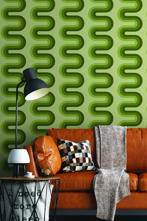 70s Inspired Wallpaper, Retro Accent Wall, Green Wallpaper Bedroom, 70’s Interior Design, Green Peel And Stick Wallpaper, 70s Living Room, Funky Bedroom, 70s Wallpaper, Bedroom Retro