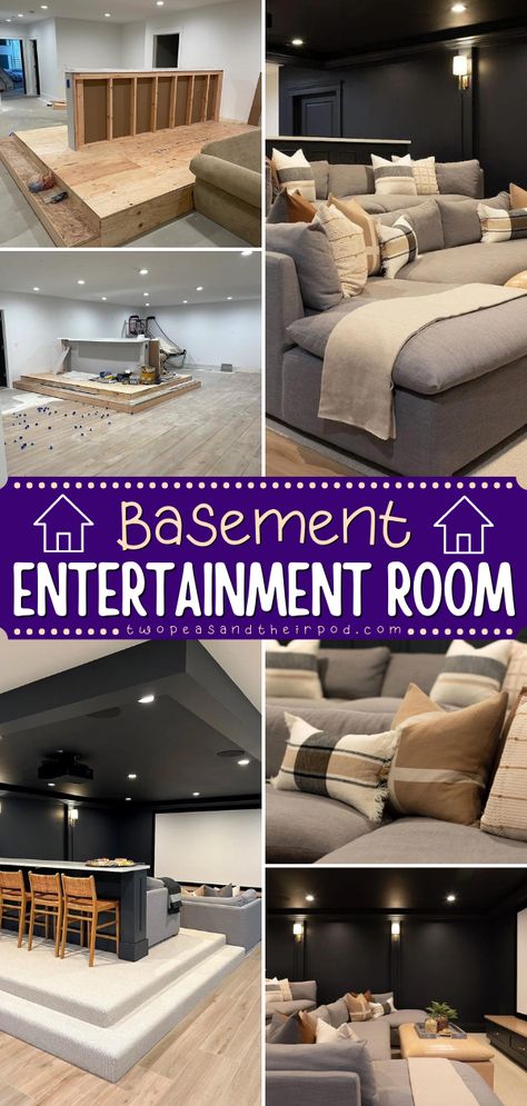 Here's an easy collage idea to try at home! Take a tour of our Basement Entertainment Room with a theatre space, dining area, mini kitchen, and snack station. Add this to your collage inspiration! Theatre And Game Room, Basement Bar Theater Room, Small In Home Movie Theater, Bar And Movie Room Basement Ideas, Play And Entertainment Room, Simple Home Theatre Room Ideas, Theatre Seating Basement, Home Theater Seating Ideas Cozy, Casual Media Room