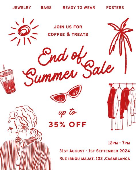 Don’t miss out on our End of Summer Sale in Casablanca ☀️ Grab a friend and come shop, sip & snack. 📅 Dates: Aug 31st - Sept 1st 📍 Location: Rue Ibnou Majat 123, Les Princesses 🕰️ Time: 12pm - 7pm Save this post to add to your activities for next weekend! Visual by @mooonstudio_ #casablancapopup #moroccanbrands #casablanca #shoplocalmorocco End Of Summer Sale, Coffee Treats, Creative Jewelry, End Of Summer, Casablanca, Jewelry Bags, Summer Sale, Modern Woman, Dates