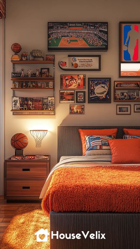 Sports Fanatic Haven Updated Basketball Inspired Bedroom, Basketball Bedroom Ideas Boys, Bedroom Sports Theme, Teen Sports Bedroom, Basketball Bedroom Ideas, Basketball Boys Room, Sports Themed Bedroom For Boys, Sports Bedrooms, Boys Bedroom Sports