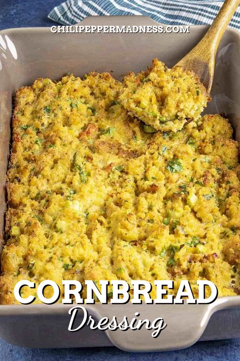 This Cornbread Dressing recipe is a must for the holidays, made with homemade cornbread and a flavorful Creole seasoning that gives it the perfect flavor. It’s the perfect side dish! Martha White Cornbread Dressing Recipe, Thanksgiving Cornbread Stuffing, Thanksgiving Cornbread, Homemade Cornbread Dressing, Dressing Stuffing, Classic Stuffing Recipe, Dressing Casserole, Southern Cornbread Dressing, Cornbread Dressing Recipe