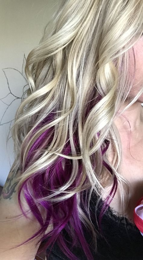 Fuschia peekaboo hair. Blonde hair. Purple hair. Deep pink hair. ©Hair by April Devers. Hair With Peekaboo Color, Blonde Hair With Peekaboo Color, Blonde And Purple Hair, Blonde And Purple, Curly Balayage, Rose Blonde Hair, Blonde Ombre Hair, Rose Blonde, Peekaboo Hair Colors