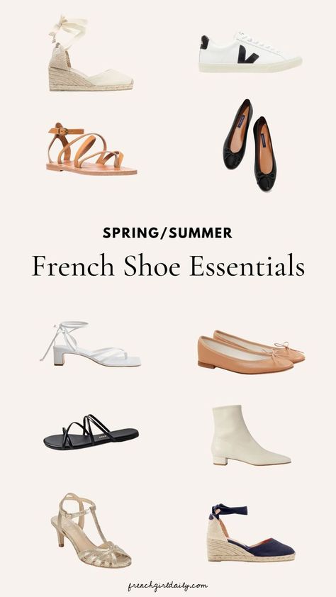 These French spring summer shoe essentials are a great place to start when building your French capsule shoe collection. French Style Shoes, Shoe Essentials, Shoes To Buy, Spring Summer Shoes, Cream Espadrilles, French Shoes, Parisian Summer, White Strappy Sandals, French Wardrobe