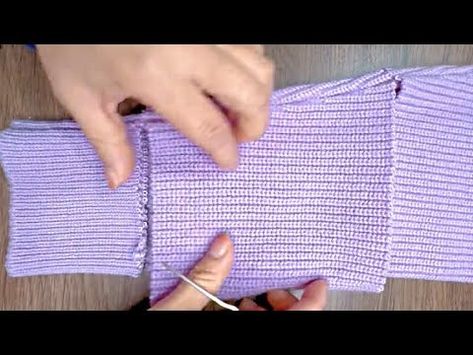 How to shorten the sleeves of a sweater - YouTube Shorten Knitted Sweater, How To Shorten Knitted Sleeves, How To Fix A Hole In A Knitted Sweater, Fix Hole In Knit Sweater, How To Fix Stretched Out Sweater Sleeves, Repair Clothes, Shortening, Knit Sleeve, Hand Knitted Sweaters