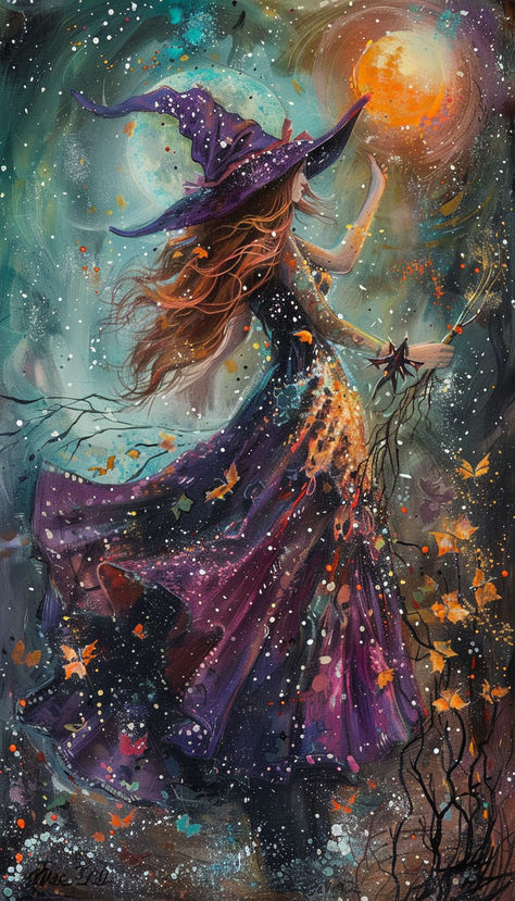 Purple Witch Holding the Sun Witches Lair, Witchcraft Herbs, Witch Flying, Purple Witch, Witch Pictures, Witchy Art, Witchy Aesthetic, Altered Tins, Wiccan Witch