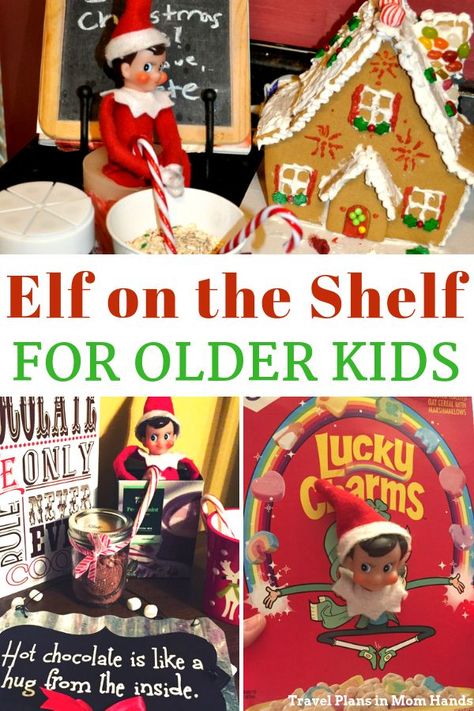 We're sharing our Elf on the Shelf ideas for older kids to keep the magic going. After 10 years, my kids are still eager to see Peter the Elf (and now Jingle the reindeer). So instead of breaking with this holiday tradition, we've decided to embrace the challenge at least for another year. Includes tips that will engage both boys and girls and links to products that will make Elf on the Shelf easier. #elfontheshelf #olderkids #elfontheshelfideas Elf On The Self For Teens, Elf On The Shelf Ideas Being Kind, Elf On The Shelf For Older Teens, Elf On The Shelf Ideas For Older Boys, Funny Elf Return Ideas, Easy Elf Ideas For Older Kids, Elf On The Shelf Would You Rather, Preteen Elf On The Shelf Ideas, Big Kid Elf On The Shelf Ideas