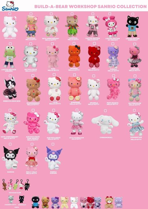 Ideas For A Christmas List, Hello Kitty Members, Kuromi Build A Bear, Build A Bear Ideas, Pompompurin Build A Bear, Tan Hello Kitty Build A Bear, Sanrio Build A Bear, Cute Build A Bears, Christmas Wishlist 2023