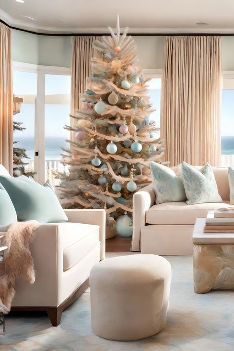 Beachy Christmas Tree Ideas, Beach House Christmas Tree, Florida Christmas Decorations Outdoor, Christmas Beach House, Coastal Holiday Decor, Florida Christmas Decor, Beach House Christmas Decor, Coastal Christmas Tree Ideas, Key West Christmas