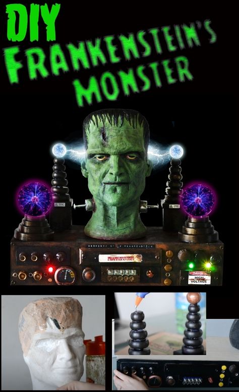 DIY Halloween craft Frankenstein Monster Decor Display! made Mad Scientist Halloween Decorations Diy, Halloween Science Decor, Frankensteins Laboratory Diy, Frankenstein Lab Props, Mad Scientist Props Diy, Frankenstein Diy Decor, Halloween Frankenstein Decorations, Frankenstein Party Decorations, Diy Mad Scientist Props