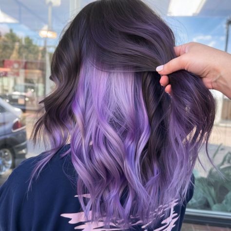 24 Peekaboo Hair Colors 2025: Trends in Blonde, Pink, Purple & More Short Hair Color Ideas Purple, Pastel Purple Peekaboo Hair, Half Up Half Down Hair Color, Hidden Purple Hair, Brown And Lilac Hair, Hair Dye Ideas Medium Length, Blue Hair Color Ideas For Short Hair, Magenta Peekaboo Hair, Brown Hair Peekaboo