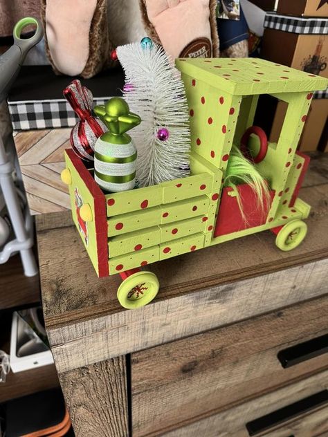 Grinch Decor  & ideas NO sellers | A grinch truck I made out of jenga blocks , I have a few others things to put on it  | Facebook Grinch Train Diy, Diy Dollar Tree Grinch Decor, Grinch Train, Grinch Decor Ideas, Dollar Tree Grinch Ideas, Grinch Truck, Grinch Decor, Jenga Blocks, Grinch Party