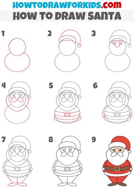 How to Draw Santa - Easy Drawing Tutorial For Kids How To Draw Santa For Kids, Santa Claus Drawing Easy Step By Step, Easy Santa Drawing For Kids, How To Draw Santa Claus Step By Step, How To Draw Santa Claus, Draw Santa Easy, Simple Santa Drawing, Santa Claus Drawing For Kids, How To Draw Christmas