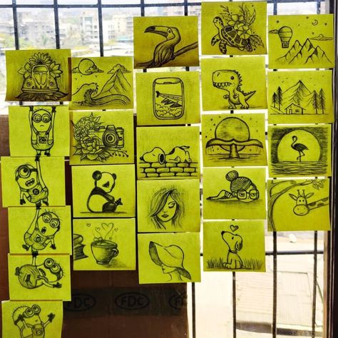 Art On Post It Notes, Doodle On Sticky Notes, Wall Of Sticky Notes, Drawing On Post It Notes, Cute Things To Draw On Sticky Notes, Cute Sticky Notes Drawings, Sticky Note Painting, Painting On Sticky Notes, Stuff To Draw On Sticky Notes