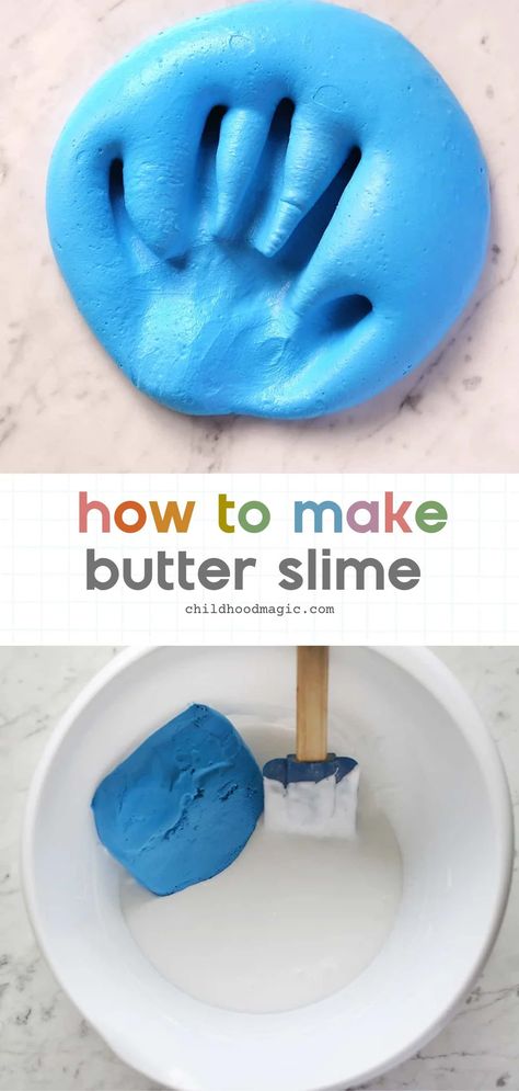 DIY Butter Slime - Childhood Magic Easy Butter Slime Recipe Without Clay, Easy Butter Slime Recipe, How To Make Butter Slime Recipe, How To Make Butter Slime, Butter Slime Without Clay, Butter Slime Recipe, Edible Slime Recipe, Diy Butter, Smooth Like Butter