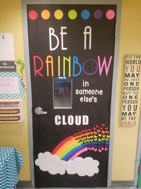 Little pieces of the rainbow can be kids names Pride Classroom Door Ideas, Classroom Door Ideas Rainbow, Classroom Door Rainbow, Rainbow Door Decorations Classroom, School Counseling Office, School Door Decorations, Classroom Board, Classroom Makeover, Preschool Bulletin