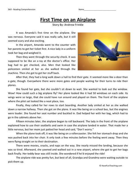 This Reading Comprehension Worksheet - First Time on an Airplane is for teaching reading comprehension. Use this reading comprehension story to teach reading comprehension. English Reading Comprehension, Reading Comprehension 6th Grade, Reading Comprehension Grade 3, Reading Comprehension For Grade Four, Story Comprehension For Grade 2, Grade 6 Reading Comprehension Worksheets, Comprehension For Grade 3 Student, Reading Comprehension Passages Grade 3, Third Grade Reading Worksheets