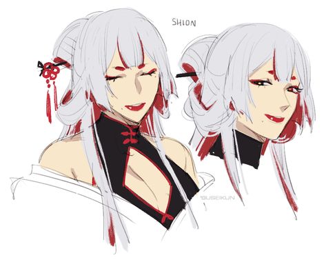 Scar Design Drawing, Useikun Art, Red And White Character Design, Red Skin Character Design, Shrine Maiden Oc, Female Oc Ideas Character Design Inspiration, Oc Drawings Character Design, Kitsune Character Design, Red Character Design