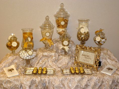 gold candy buffet | personalized chocolates and golden treats adorned the candy table Gold Candy Bar, Gold Candy Buffet, 50th Wedding Anniversary Party, Gold Candy, 50th Anniversary Party, Golden Wedding Anniversary, Golden Birthday, Custom Candy, Golden Anniversary