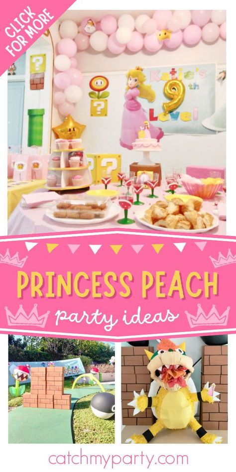 Check out this pretty Princess Peach birthday party! The Super Mario party activity is fantastic! See more party ideas and share yours at CatchMyParty.com Princess Peach Craft, Mario Princess Birthday Party, Peach Birthday Party Mario, Mario And Peaches Birthday Party, Princess Peaches Birthday Party, Princess Peach Food Ideas, Princess Peach Birthday Party Diy, Princess Peach Birthday Ideas, Princess Peach Party Games