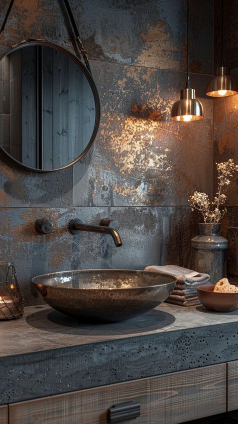 Industrial Interior Design Bathroom, Black And Copper Bathroom, Bathroom Industrial Style, Industrial Bathroom Ideas, Minimal Bathroom Design, Industrial Bathroom Decor, Bathroom Industrial, Industrial Bathroom Design, Modern Bathroom Designs