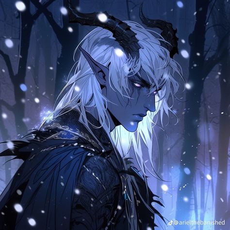 Ice Demon Art, Ice Demon Male, Ice Dragon Human Form, Ice Oc Male, Ice Tiefling, Winter Eladrin Male, Dragon Human Hybrid Character Design, Moon Elf Male, White Tiefling