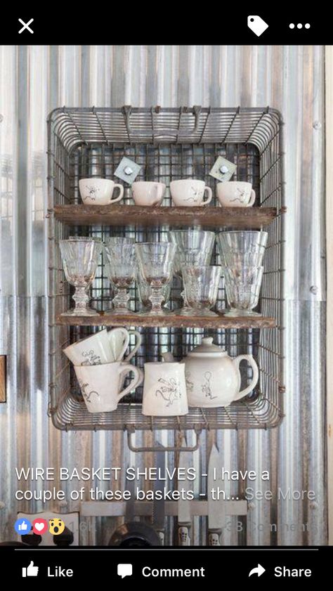 Kitchen London, Shabby Chic Decorating, Smart Tiles, Metal Baskets, Shabby Chic Farmhouse, Corrugated Metal, Basket Shelves, Chic Kitchen, Shabby Chic Kitchen