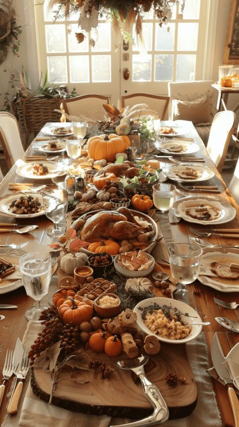 Fall Thanksgiving Table Decor, Autumn Dinner Table Decor, Dinner Table Set Up Ideas, Rustic Thanksgiving Table Decor, Thanksgiving Table Settings With Food, Thanksgiving Table Spread, Autumn Tea Party Table Settings, Table Settings Autumn, Rustic Thanksgiving Table Settings