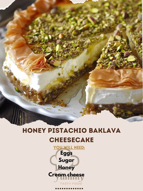 🍯 Indulge in the decadence of Honey Pistachio Baklava Cheesecake! 🍯🥧 #BaklavaCheesecake #DecadentDessert Honey Pistachio Baklava Cheesecake Ingredients: Cream cheese (24 oz, softened) Honey (1/2 cup) Sugar (1/2 cup) Eggs (3) Phyllo dough (1 pack) Butter (1 cup, melted) Pistachios (1 cup, chopped) Cinnamon (1 tsp) Lemon zest (1 tsp) Instructions: Preheat oven to 325°F (163°C). In a bowl, beat cream cheese, honey, and sugar until smooth. Add eggs one at a time. Layer phyllo dough in a greas... Honey Pistachio, Cheesecake Ingredients, Baklava Cheesecake, Pistachio Baklava, Phyllo Dough, Unique Desserts, No Knead Bread, Easy Bread Recipes, Easy Bread