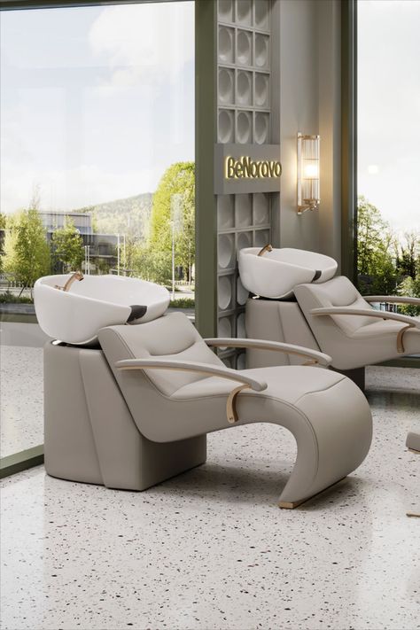 BeNoravo Shampoo Chair, ergonomic design, stain-resistant leather and with ceramic wash bowl, fully customized of the leather and faucet, with movable footrest, perfect for the salon and hair beauty store. 👍💕 Hair Wash Salon Design, Hair Wash Chair, Salon Shampoo Area, Salon Backwash, Hair Salon Chair, Hair Salon Interior Design, Hair Salon Chairs, Big 30, Reception Bar