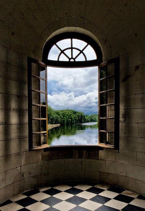 Castle View, Burgundy, France Window With A View, Checkered Floor, An Open Window, Burgundy France, Looking Out The Window, Beautiful Windows, Empty Room, France Photos, Window View