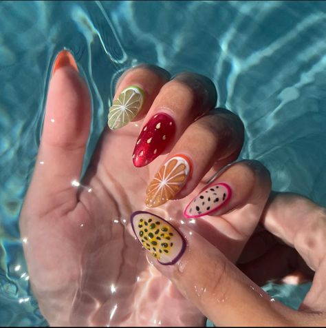 Dragonfruit Nail Art, Passion Fruit Nails, Passionfruit Nails, Fruit Nails Acrylic, Mango Nails, Citrus Nails, Picnic Nails, Fruity Nails, Daisy Acrylic Nails