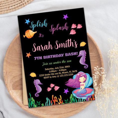 Mermaid Invitations, Mermaid Birthday Invitations, Purple Mermaid, Black Mermaid, Splish Splash, Mermaid Birthday Party, Birthday Invitations Girl, Printable Birthday Invitations, Birthday Printables