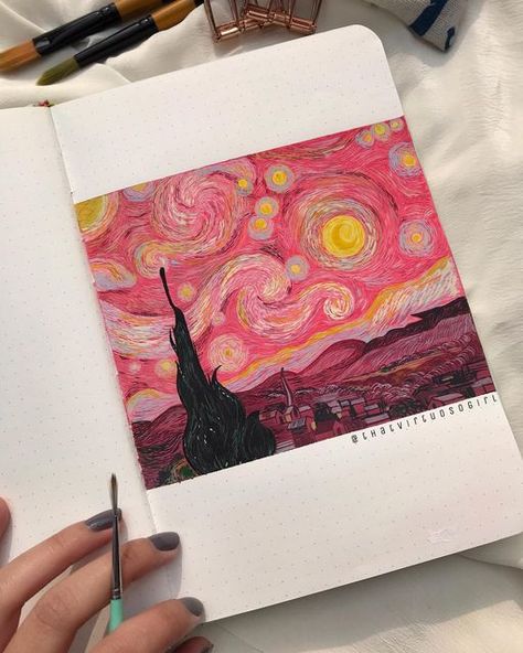 Anjali Sharma | Art on Instagram: "안녕하세요 여러분💜 . . So, I am starting a new series in which i’ll recreate some of the famous painting in the world. & the first one in the queue is 🥁 “The Starry Night” - Vincent van Gogh (But its pink version) . . Its been a long time since i have done a proper feed series. Let me know in the comments if you liked it. Also, you can DM me if you wanna see recreation of a particular painting❣️ Stay tuned, there are many more to come. . Do tag me if you r Canvas Art Painting Acrylic, World Famous Paintings, Starry Night Art, Starry Night Painting, Many More To Come, Boho Art Drawings, Vincent Van Gogh Art, Posca Art, The Starry Night