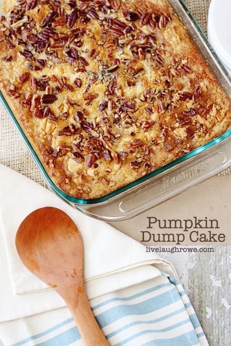 Perfect for Thanksgiving! Delicious Pumpkin Dump Cake with livelaughrowe.com @Live Laugh Rowe Easy Pumpkin Dump Cake Recipe, Easy Pumpkin Dump Cake, Love Bakes Good Cakes, Pumpkin Dump Cake Recipe, Easy Dump Cake Recipe, Pumpkin Dump, Good Cakes, Dump Cake Pumpkin, Dump Cake Recipes