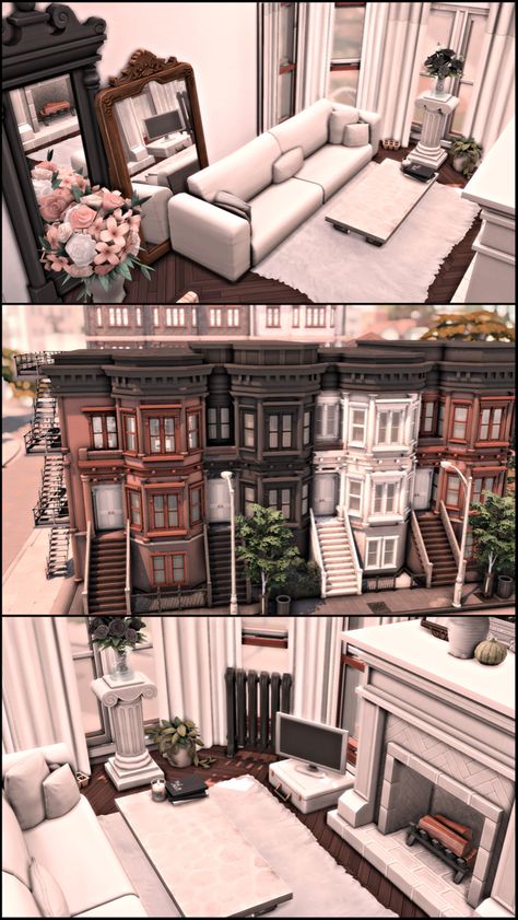 Sims 4 Brownstone Cc, Sims 4 Brownstone Build, Sims 4 Apartment Download No Cc, Craftsman Townhouse, Sims 4 Apartments, Bloxburg Towns, Brownstone Townhouse, Sims4 Houses, Bloxburg Apartment