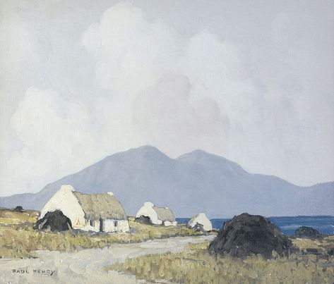 20th Century Paintings, Paul Henry, Irish Painters, Ireland Cottage, Naïve Artist, Irish Landscape, Sunset Painting, Beach Painting, Watercolor Landscape