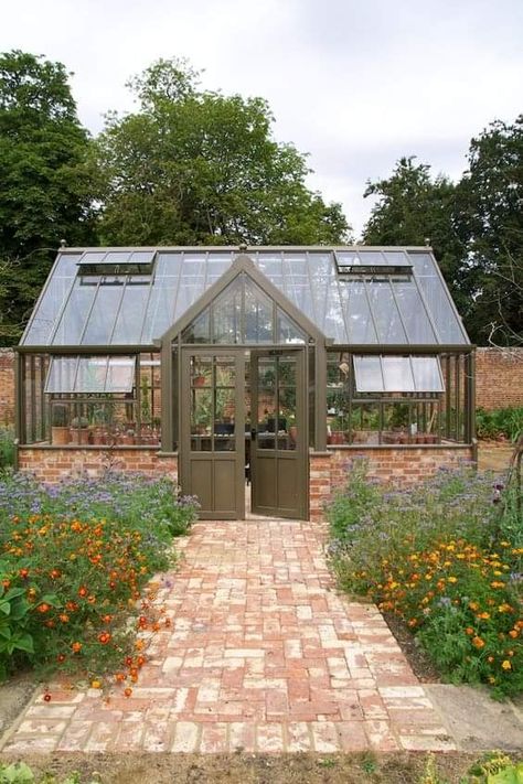 Greenhouse Copper Roof, Greenhouse With Potting Shed, New England Greenhouse, Green House In Garden, Large Greenhouse Ideas, Hartley Botanic Greenhouse, Green Houses Ideas, Cute Green House, Glasshouse Ideas