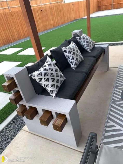 32+ Creative Concrete Block Bench Ideas For Your Garden | Engineering Discoveries Concrete Block Bench, Block Bench Ideas, Outside House Decor, سلالم حلزونية, Block Bench, Decor 2023, Concrete Block, Landscaping Garden, Bench Ideas