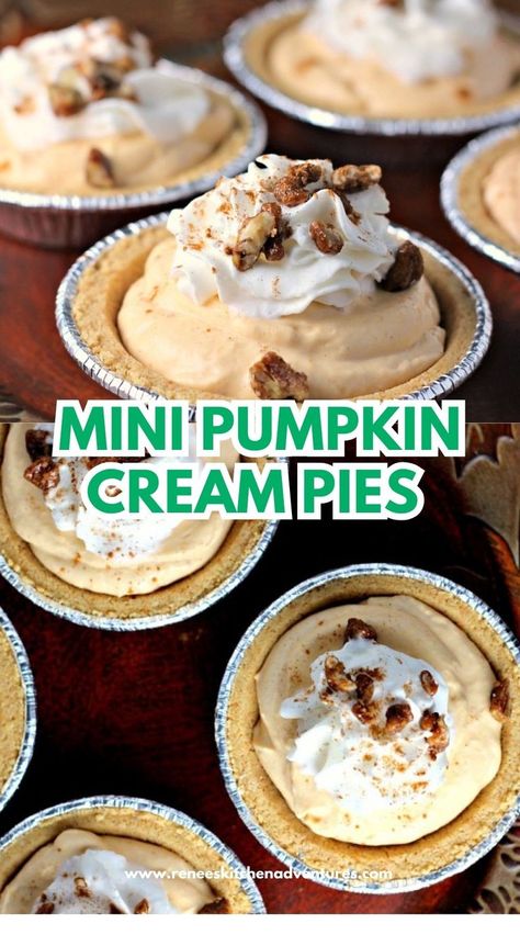 Two photos of mini pumpkin cream pies ready to serve. No Bake Mini Pumpkin Pie, Mini No Bake Pies, Cereal Treat Recipes, Mini Pumpkin Pies Recipe, Yogurt Cream Cheese, Mini Pumpkin Pie, Cream Cheese Pumpkin, Pumpkin Cheesecakes, Pumpkin Cream Pie