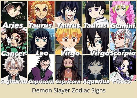 Kny Zodiac Signs, Leo Anime Characters, All Demons From Demon Slayer, Zodiac Anime Characters, Aquarius Anime Characters, Demon Slayer Zodiac Signs, Zodiac Signs As Anime Characters, Sanemi Pfp, Fate Tattoo